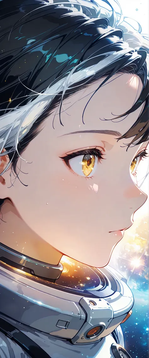 1 woman, close up, multicolored hair, black hair, white hair, golden eyes, space suit, looking at the stars, space theme, masterpiece, high quality, highly detailed