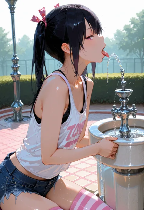 D_jirooo , 1girl ,, tanktop , hotpants , twintails , black_hair , flat_chest , pink_striped_thighhighs , drinking_fountain , adjusted_hair , from_side , profile , glancing_at_viewer , tongue_out , leaning_foward