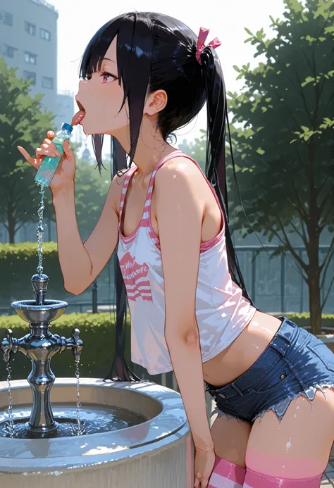 D_jirooo , 1girl ,, tanktop , hotpants , twintails , black_hair , flat_chest , pink_striped_thighhighs , drinking_fountain , adjusted_hair , from_side , profile , glancing_at_viewer , tongue_out , leaning_foward