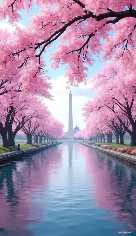 masterpiece, Best Quality, details,静寂、Cherry blossom trees along the Potomac River in Washington DC