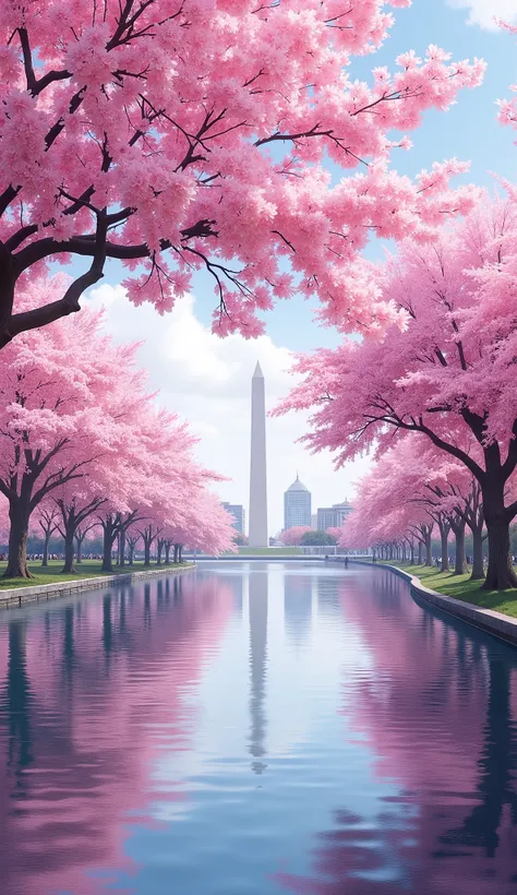 masterpiece, Best Quality, details,静寂、Cherry blossom trees along the Potomac River in Washington DC