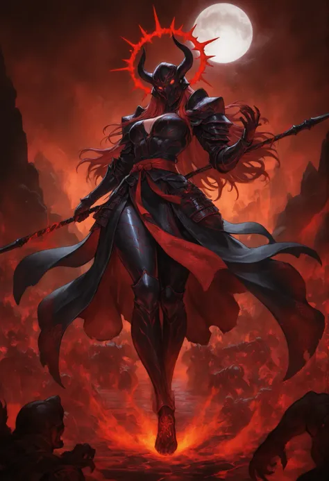 1girl,Chinese underworld judge in dark armor, intricately carved obsidian plates with glowing crimson hell scriptures, massive pauldrons shaped as roaring Bixi tortoise-dragons spewing soul-smoke, waist-sash of knotted sinner ropes dragging ghostly prisone...