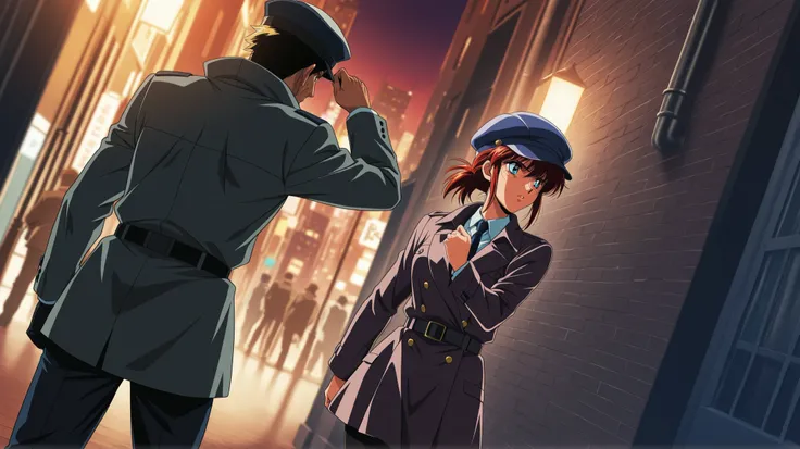 Armed detective running after shooting two robbers on dark city street design style anime retrowave 90s
