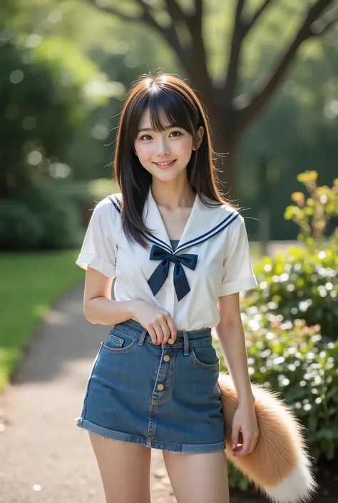 (( Top Quality , 8k)), ((masterpiece)), ( highest resolution), (( photorealistic)), perfect face , ((The woman has a tail )), ((Her tail is big )), (( A beautiful woman has her mouth and tongue open )), She's a college student , It was taken in the...