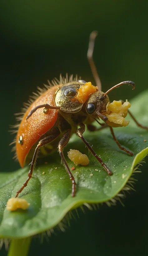 (((a ladybug eating a piece of Woolly Apple Aphid))) on a hairy begonia leaf, ((it has eyes on its unfolded elytra)), (((ultra detailed))) (((ladybug eating an aphid)))high contrast lights, light dark, foregroundin the background there is a huge out of foc...