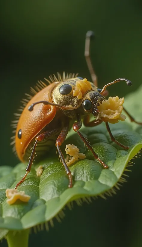 (((a ladybug eating a piece of Woolly Apple Aphid))) on a hairy begonia leaf, ((it has eyes on its unfolded elytra)), (((ultra detailed))) (((ladybug eating an aphid)))high contrast lights, light dark, foregroundin the background there is a huge out of foc...