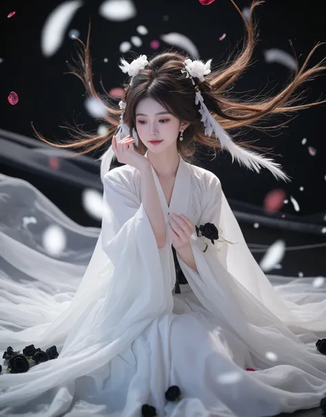 1 Girl, Han girl, white hanfu, whole body, feathers, floating objects, Chinese clothes, there are many scattered luminous petals, foam, contour deepening, black roses, jewelry, earrings, lips, makeup, portrait, eye shadow, {{best quality}}, {masterpiece}, ...