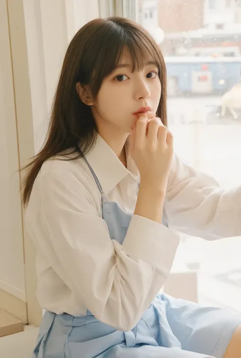 Japanese cute girl, like a little gal is tempting. she is a college student and 20-year-old. she wearing sexy outfit and eating cake.  she has Ash Brown Color Straight medium long hair,　straight bangs.　dark brown big eyes wearing blue skirt,