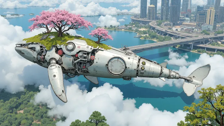 (masterpiece:1.3, top quality:1.3, detailed description:1.3, high quality:1.3),(1huge Robot whale\Metal body, trees of cherry blossom on the whale's back, Beautiful luster, beautiful metal details, precision machinery, moss growing, There are buildings and...