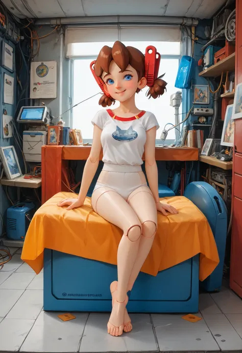  A mechanical mature lady is very short pigtails, brown hair, Hair tie with two red big red clothespins, android, blue eyes, flushed cheeks, anime picture, full body figure. She wares only white underwear. She feels heavy ecstasy and she laughs. angle from...