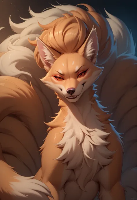 solo, 1female, furry, ((feral, ninetales)), smug grin, looking at viewer, pinning viewer down, badass