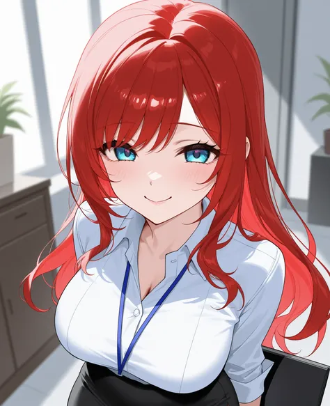 beauty Married Woman Age 30 red hair long hair charming glamour Office Lady shirt slit skirt sexy disgusting expression smile narrows her eyes From the side of the whole body