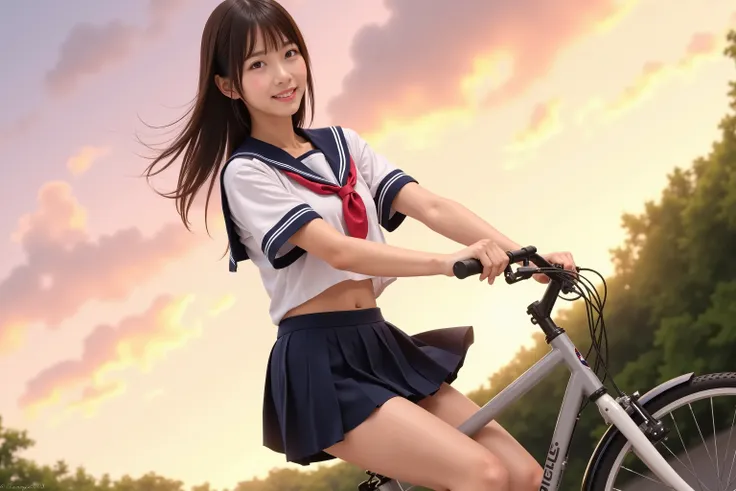 nsfw:1.5, (((high-resolution photo))), (((photorealistic style))), (((low angle))), (((side view))), high school girl riding a bicycle uphill, wearing a short summer sailor uniform, super mini skirt, standing while pedaling, wind blowing her skirt slightly...