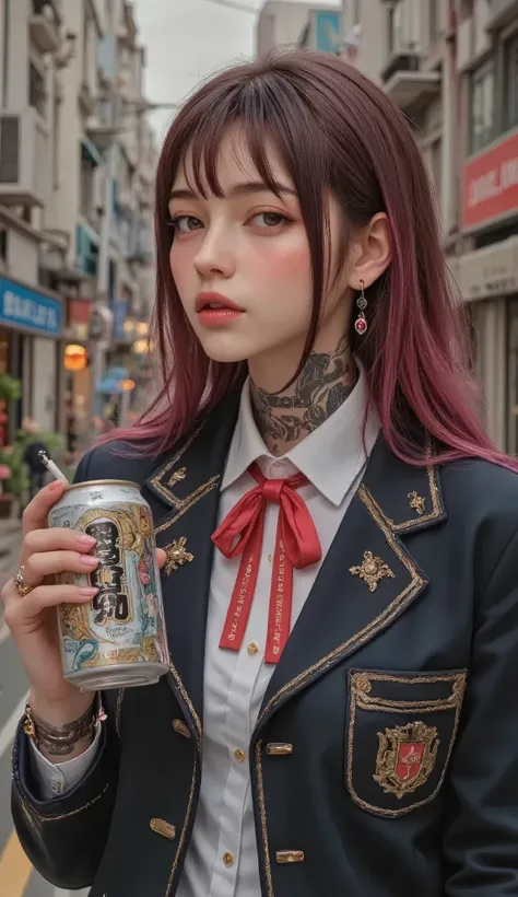 ((real mix、 ultra high definition image 、Top Quality、masterpiece))、((Wear a Japanese girls' high school、navy blue blazer、emblem、white thin fabric blouse、red ribbon tie、check mini skirt))、((Beautiful Japanese girl、long hair dyed pink、pretty face、二重eyelidの大...