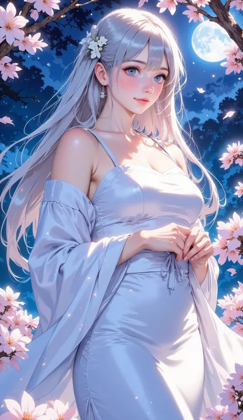 A graceful anime-style woman with silver hair in a flowing white kimono, standing under moonlit cherry blossoms. Magical ambiance, soft glow, tranquil expression, Studio Ghibli-style art, high detail, romantic atmosphere