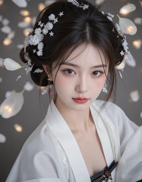 1 Girl, Han girl, white hanfu, whole body, feathers, floating objects, Chinese clothes, there are many scattered luminous petals, foam, contour deepening, black roses, jewelry, earrings, lips, makeup, portrait, eye shadow, {{best quality}}, {masterpiece}, ...