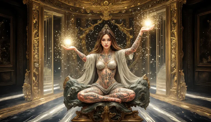 a beautiful woman tattooed as a mystical sorceress in a temple. The temple is adorned with intricate designs and magical symbols. The woman is posed gracefully, holding a luminous orb. The figure evokes a sense of wonder and enchantment. In the style of c...