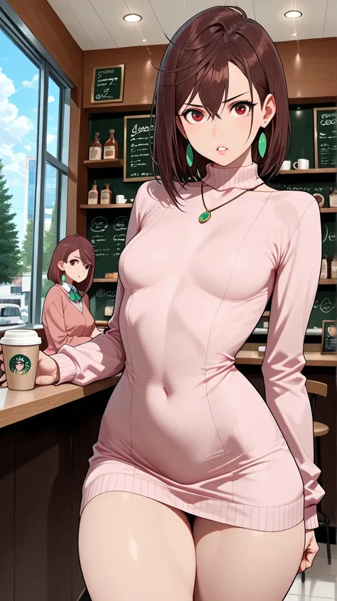 score_9, score_8_up, score_7_up, 1lady, Momo Ayase (Dandadan), Ayase Momo, perfect eyes, perfect face, small breast, medium breast, brown hair, red brown eyes, perfect attractive curvy slim body, charming beauty, gorgeous body shapes, big hips, thick thighs, solo (Sexy Photoshoot), (Masterpiece, Best Quality) ,
pink fuchsia sweater dress, long sleeves, necklace,
Charming beauty, looking at viewer, parted lips,
dynamic pose, sexy pose, neer a bay windows,
indoor, bay windows background, daylights, windows, in a coffee shop, trees, street in second plan,