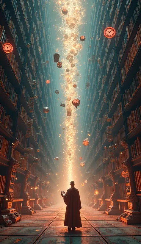 A vast library filled with glowing scrolls and floating symbols of time — clocks melting, calendars dissolving. In the center, a monk writes a single word: “Now.” Surreal and symbolic, colorful and vivid, 3D visual storytelling.

