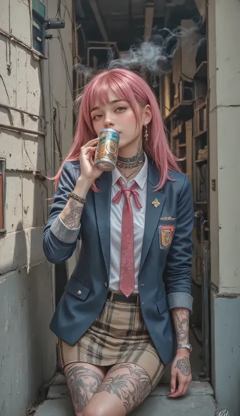 ((real mix、 ultra high definition image 、Top Quality、masterpiece))、((Wear a Japanese girls' high school、white thin fabric short sleeve blouse、red ribbon tie、check mini skirt))、((Beautiful Japanese girl、long hair dyed pink、pretty face、二重eyelidの大きな目、アヒルのlip...