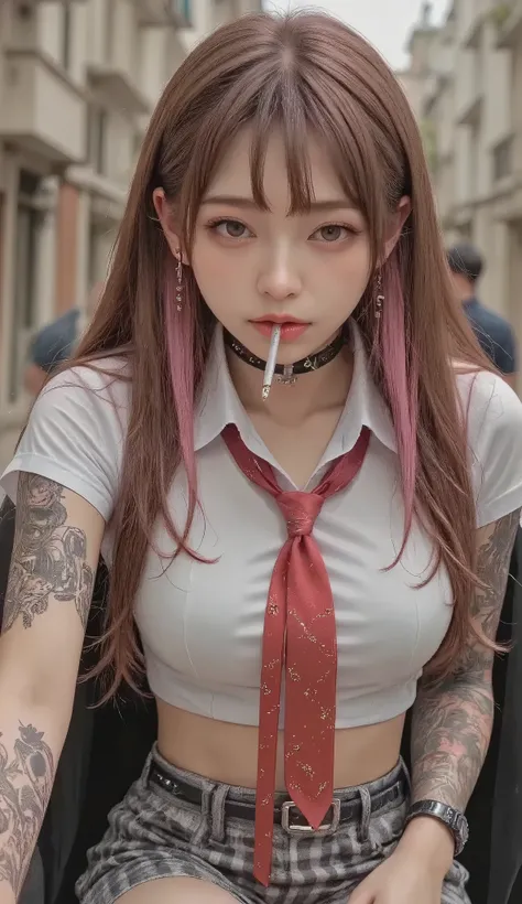 ((real mix、 ultra high definition image 、Top Quality、masterpiece))、((Wear a Japanese girls' high school、white thin fabric short sleeve blouse、red ribbon tie、check mini skirt))、((Beautiful Japanese girl、long hair dyed pink、pretty face、二重eyelidの大きな目、アヒルのlip...