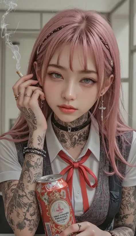 ((real mix、 ultra high definition image 、Top Quality、masterpiece))、((Wear a Japanese girls' high school、white thin fabric short sleeve blouse、red ribbon tie、check mini skirt))、((Beautiful Japanese girl、long hair dyed pink、pretty face、二重eyelidの大きな目、アヒルのlip...
