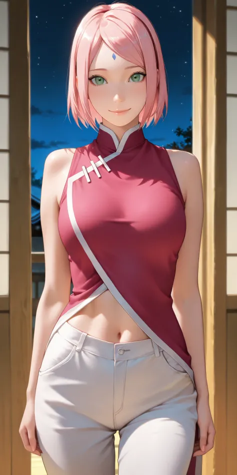 Masterpiece, newest, vibrant, very aesthetic, high contrast, mature woman, semrealistic, cowboy shot, 1 girl - Sakura Haruno from Boruto, short hair, pink colour, straight hair bright green eyes, hair down, same outfit as the game, pale red top, white pant...