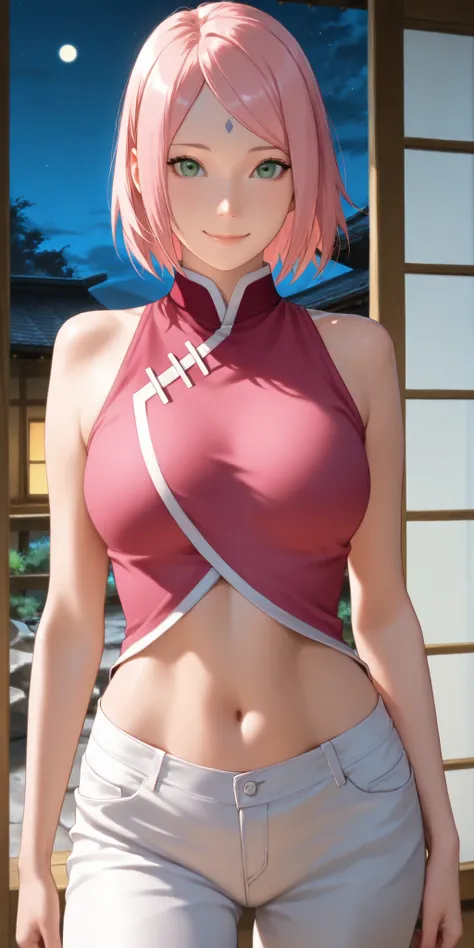 Masterpiece, newest, vibrant, very aesthetic, high contrast, mature woman, semrealistic, cowboy shot, 1 girl - Sakura Haruno from Boruto, short hair, pink colour, straight hair bright green eyes, hair down, same outfit as the game, pale red top, white pant...
