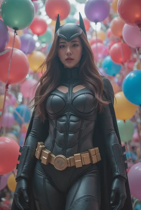 busty curvy super muscular korean female wearing batman rubber suit surrounded by balloons