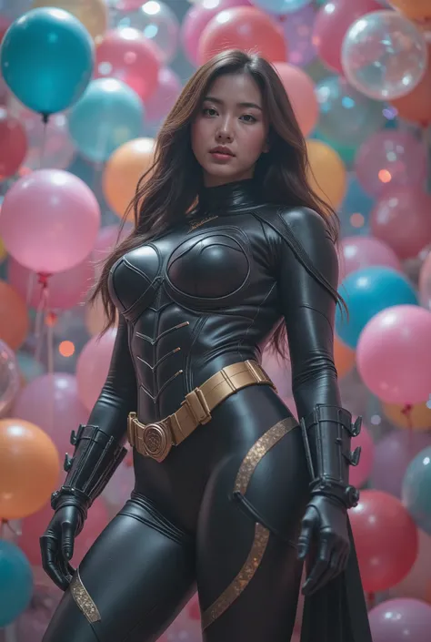 busty curvy super muscular korean female wearing batman rubber suit surrounded by balloons