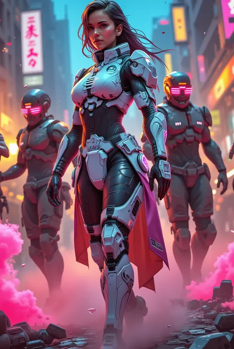 Full-body shot of a slim female game character (face fully visible, determined expression) leading a cyberpunk street rebellion in a WHITE high-neck combat bodysuit (with glowing circuit patterns) layered over a reinforced kilt (magenta fabric strips, chro...
