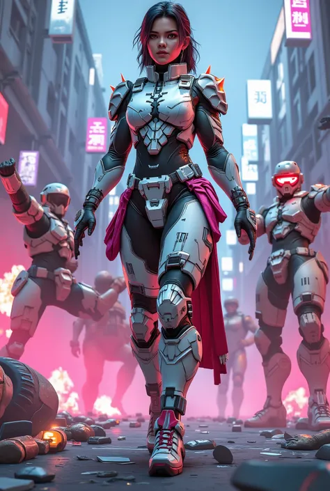 Full-body shot of a slim female game character (face fully visible, determined expression) leading a cyberpunk street rebellion in a WHITE high-neck combat bodysuit (with glowing circuit patterns) layered over a reinforced kilt (magenta fabric strips, chro...