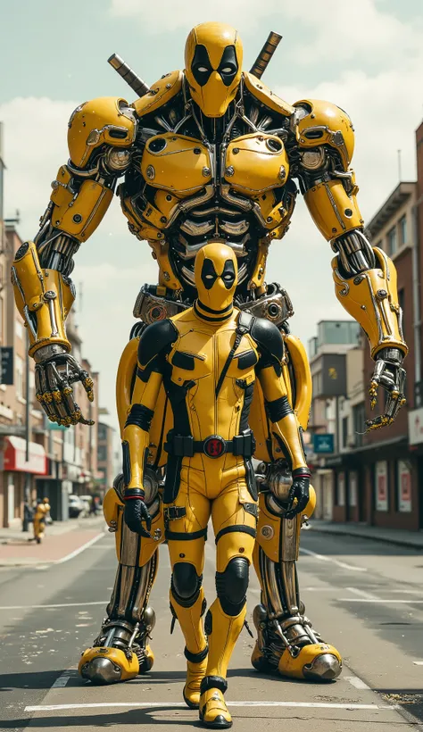 
Deadpool is wearing a bright yellow costume with black accents, his classic design still visible with realistic synthetic leather textures, a black tactical belt, and a black-and-red Deadpool logo on his chest. He walks straight down the city street with ...