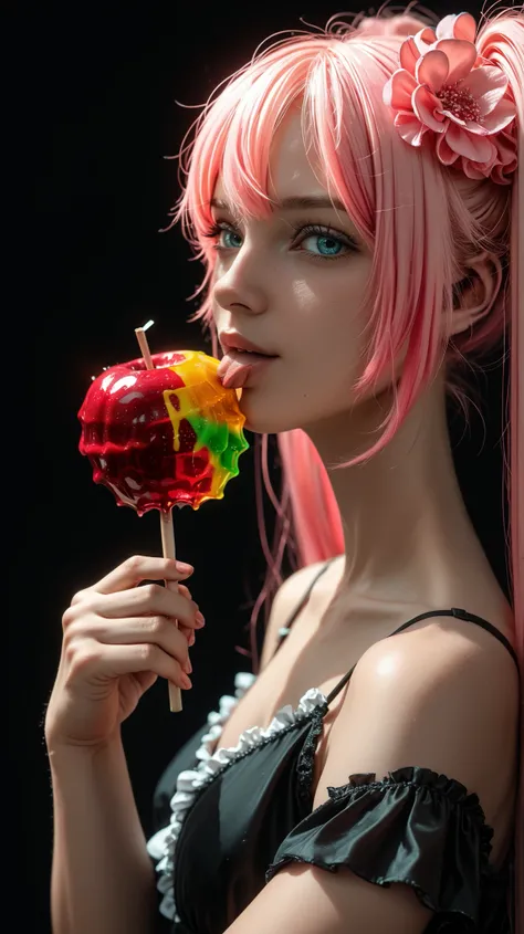 masterpiece, best quality, very aesthetic, hatsune miku, pink hair scrunchie, (licking:0.8), black nightgown, frills, short sleeves, holding candy apple, glowing candy apple, black background, colorful, glowing hair, looking at viewer, portrait, from side