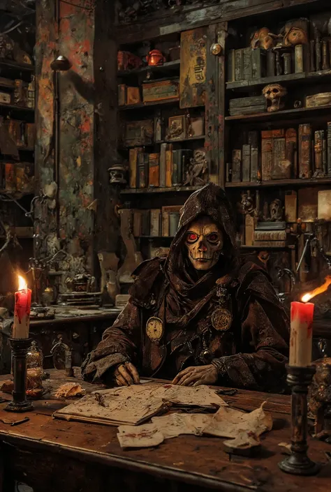 "A skull wearing a brown cloak and cap, de olhos vermelho em uma sala grande e obscura e sombria sitting at the rustic wooden table. In hand, Hold a pen, while writing on a book of aged sheets. Around the book, some leaves are scattered. Candlesticks of me...