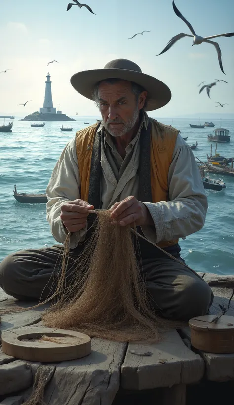 A weathered fisherman with deep lines on his face sits on a wooden pier, mending his fishing net. The waves crash against the shore, reflecting the late afternoon sun. His hands, rough and calloused, work with precision. In the background, fishing boats bo...