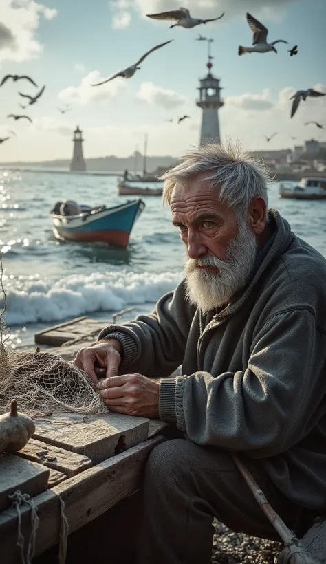 A weathered fisherman with deep lines on his face sits on a wooden pier, mending his fishing net. The waves crash against the shore, reflecting the late afternoon sun. His hands, rough and calloused, work with precision. In the background, fishing boats bo...