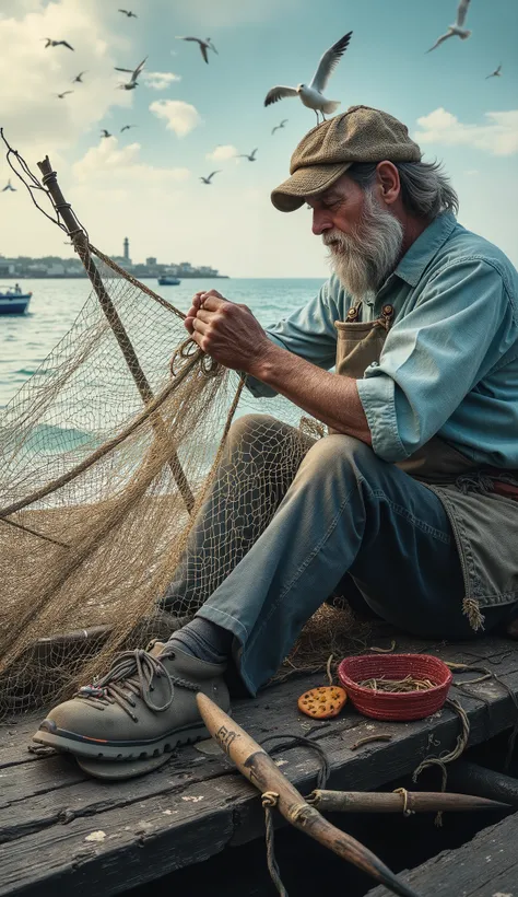 A weathered fisherman with deep lines on his face sits on a wooden pier, mending his fishing net. The waves crash against the shore, reflecting the late afternoon sun. His hands, rough and calloused, work with precision. In the background, fishing boats bo...