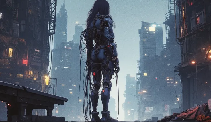 Lonely cyborg woman on an abandoned rooftop watching a ruined futuristic city at night, Ghost in the Shell style anime, Shades of blue and gray, atmosphere neblinosa, visible cables and connections, technological details, post-apocalyptic environment, Nig...