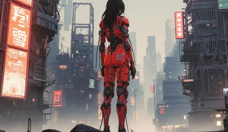 Lonely cyborg woman on an abandoned rooftop watching a ruined futuristic city at night, Ghost in the Shell style anime, Shades of blue and gray, atmosphere neblinosa, visible cables and connections, technological details, post-apocalyptic environment, Nig...