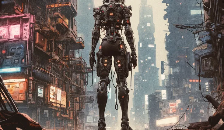 Lonely cyborg woman on an abandoned rooftop watching a ruined futuristic city at night, Ghost in the Shell style anime, Shades of blue and gray, atmosphere neblinosa, visible cables and connections, technological details, post-apocalyptic environment, Nig...