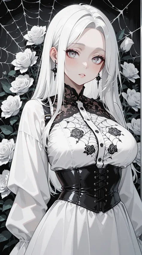 A captivating illustration of a pale-skinned, long-haired woman with white hair, a melancholic expression, black corset-like bodice, and flowing white dress; detailed with dark, stylized roses, spiderweb-like patterns, and a touch of gothic romance, in a ...