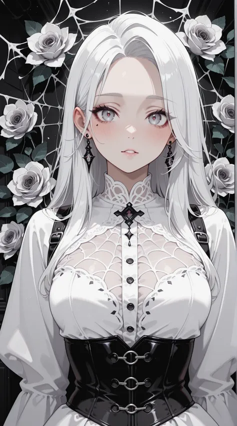 A captivating illustration of a pale-skinned, long-haired woman with white hair, a melancholic expression, black corset-like bodice, and flowing white dress; detailed with dark, stylized roses, spiderweb-like patterns, and a touch of gothic romance, in a ...