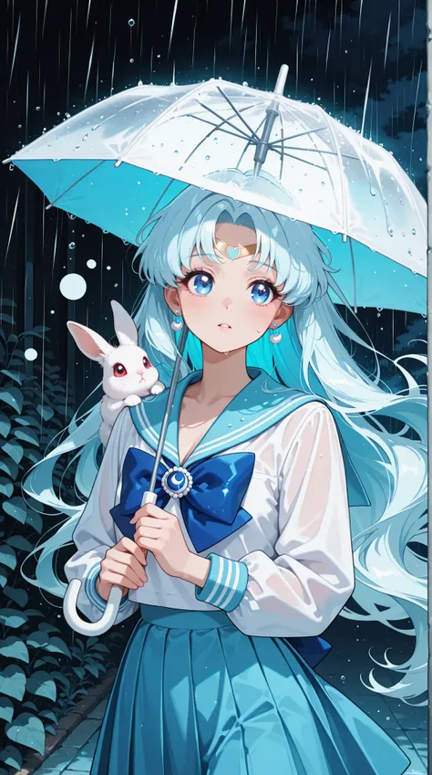 A cute, anime-style illustration of a Sailor Moon-esque girl holding an umbrella in a light color palette, with a fluffy white rabbit, in a rainy scene, featuring flowing hair, large eyes, and a sailor-style uniform, with soft, rounded shapes and detailed ...