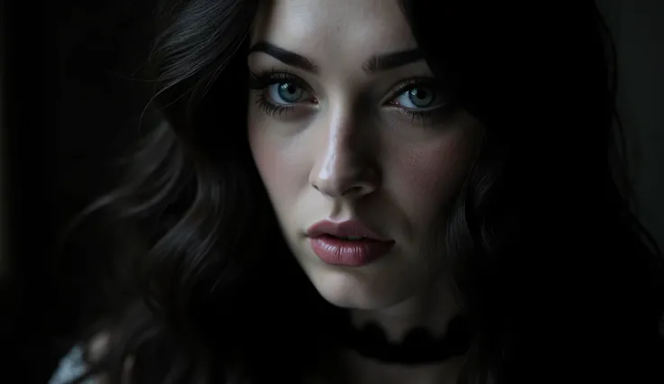 close-up of beautiful gothic woman’s face, dewy eyelashes, parted lips, deep eyes looking at camera, dramatic lighting, cinematic portrait, ethereal beauty