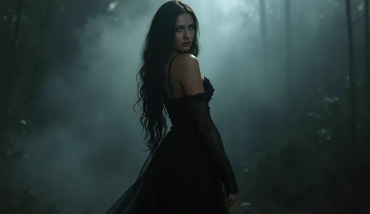 gothic woman, hourglass figure, sheer flowing black dress, glowing skin, long dark hair, walking slowly from mist, seductive expression, high contrast light, 16:9
