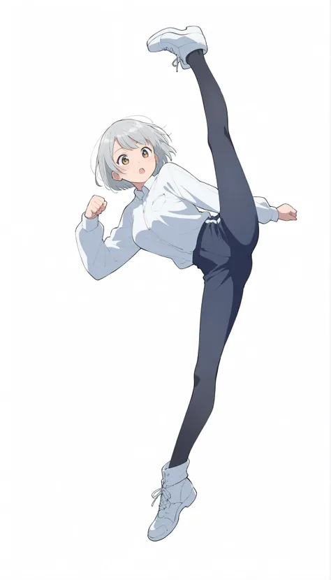score_9, score_8_up, score_7_up, ((masterpiece)), (best quality), 1girl, solo, 简单背景, 魅惑, delicate face, 战斗姿势, rider kick, full body, silver short hair, long sideburn, 鄙夷的眼光, 黑色絲襪, 损坏的黑色警服, medium breasts, style: midjourney, white background, 两点透视, 冲击力的画面,动...