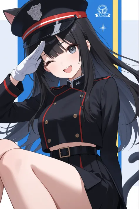 one girl、station、long black hair、black cat ears、Eyes wink、Black uniform、hat、salute、white gloves