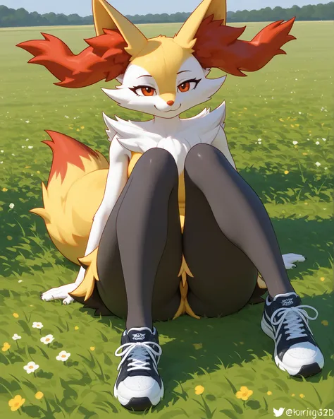 alone, score_9,score_8_up,score_7_up, anthro female braixen, POV, field, streching herself, exercising, smiling, rubor, black leggins, thicc thighs, full body, smile, sneakers on feet, 3D