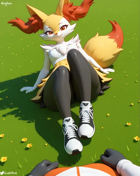 alone, score_9,score_8_up,score_7_up, anthro female braixen, POV, field, streching herself, exercising, smiling, rubor, black leggins, thicc thighs, full body, smile, sneakers on feet, 3D